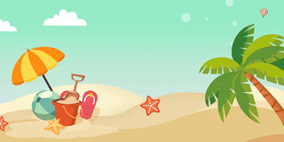 绿色黄色卡通沙滩椰子树云朵热气球旅游旅行展板背景旅游旅行背景